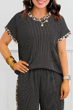 Carbon grey leopard patchwork twister rib T-shirt and cropped pants set by Dear-Lover, stylish two-piece outfit with edgy design.