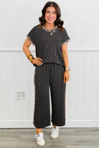 Carbon grey leopard patchwork twisted rib T-shirt and cropped pants set by Dear-Lover, stylish two-piece set with trendy design.
