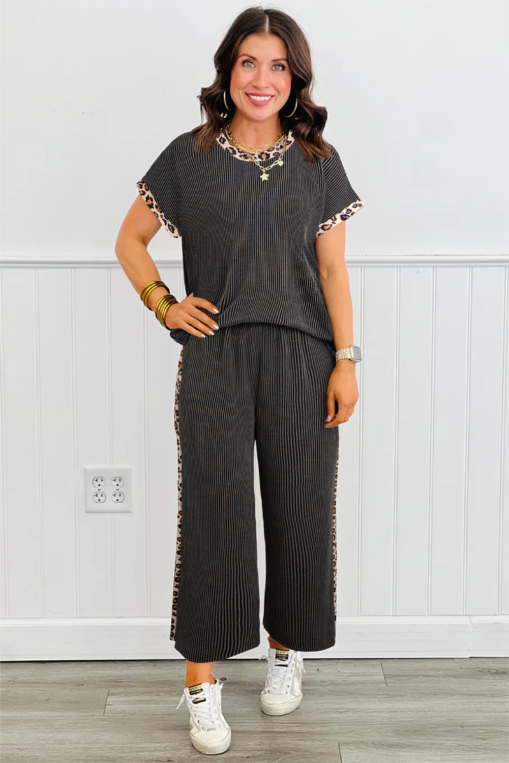 Carbon grey leopard patchwork twisted rib T-shirt and cropped pants set by Dear-Lover, stylish two-piece set with trendy design.