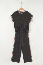 Carbon grey leopard patchwork twisted rib T-shirt and cropped pants set by Dear-Lover, stylish two-piece pant set for women.