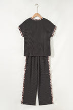 Carbon grey leopard patchwork Twisted Rib T-shirt and cropped pants set by Dear-Lover, stylish two-piece fashion ensemble.