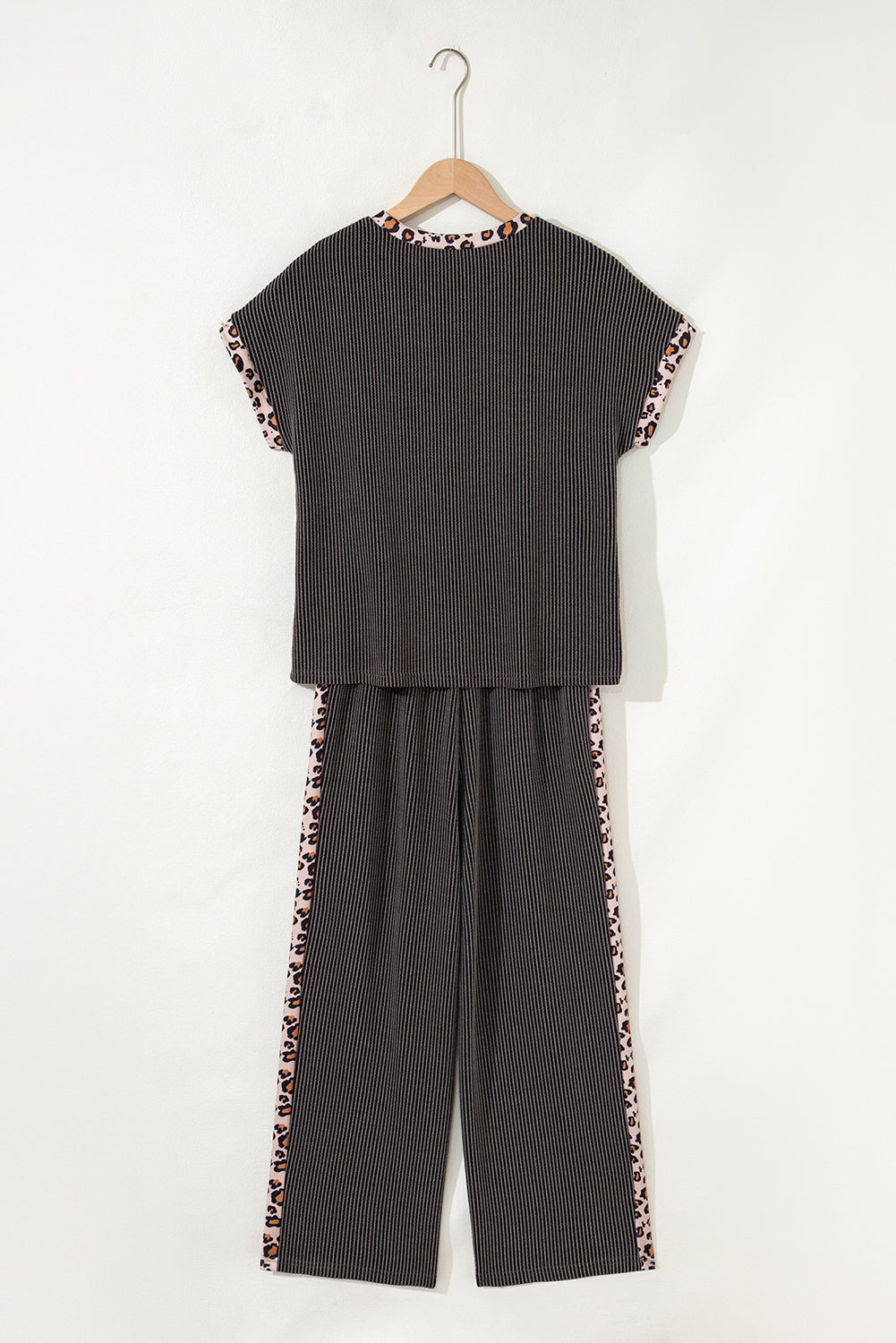 Carbon grey leopard patchwork Twisted Rib T-shirt and cropped pants set by Dear-Lover, stylish two-piece fashion ensemble.