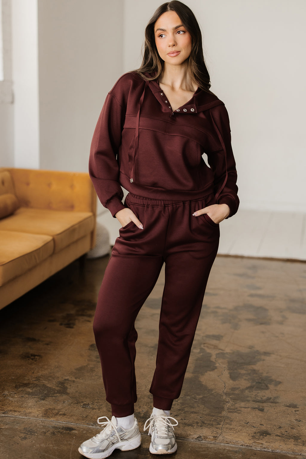 Dear-Lover Chicory Coffee two-piece hoodie and jogger set with button drawstring cropped hoodie and matching pants