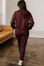 Dear-Lover chicory coffee two-piece hoodie and jogger set with button drawstring cropped hoodie and comfortable joggers.