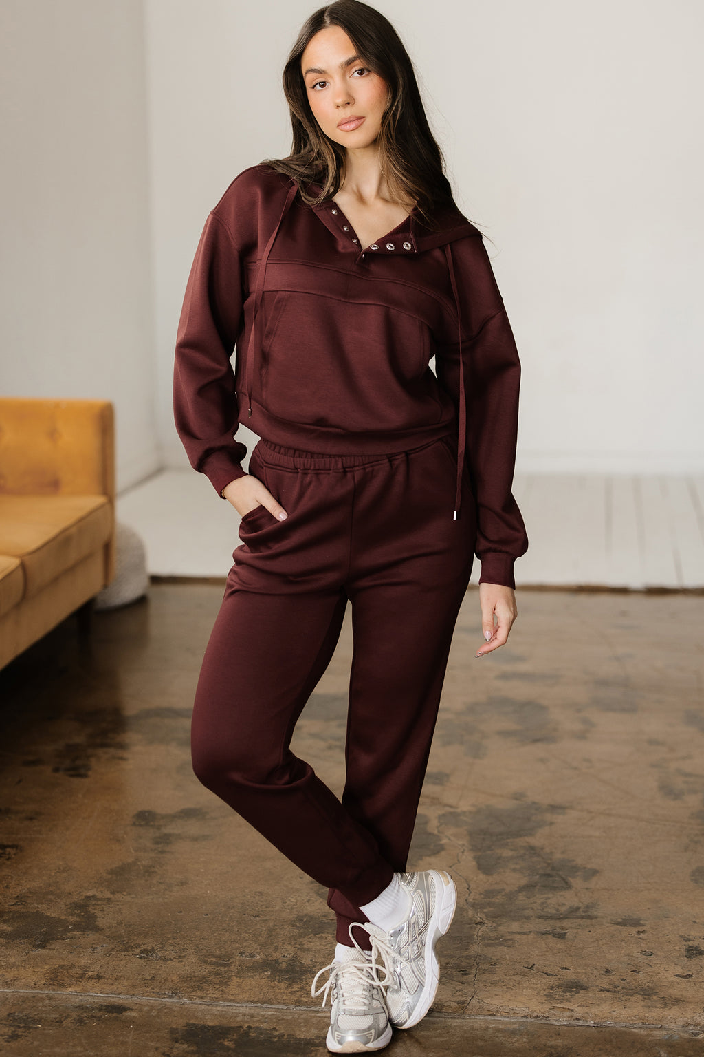Dear-Lover chicory coffee 2-piece hoodie and jogger set with button drawstring cropped hoodie and matching pants.