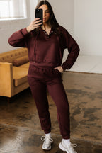 Dear-Lover Chicory Coffee two-piece hoodie and jogger set, includes cropped hoodie with drawstring and matching pants.