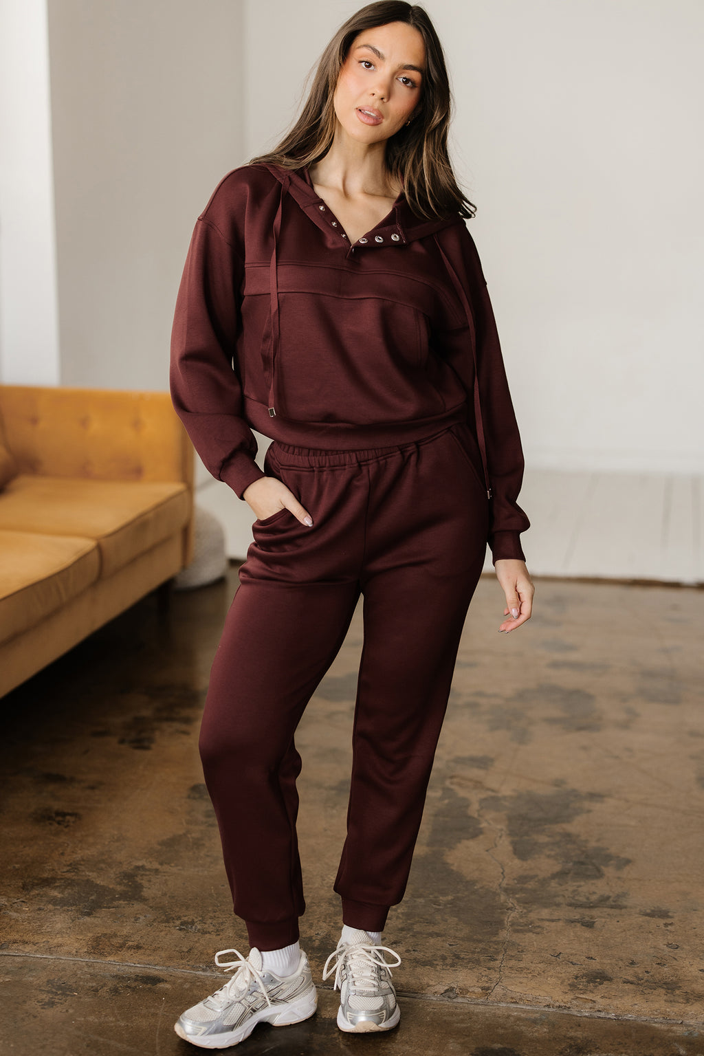 Dear-Lover Chicory Coffee two-piece hoodie and jogger set, cropped hoodie with drawstring, comfortable pant set in stylish design.