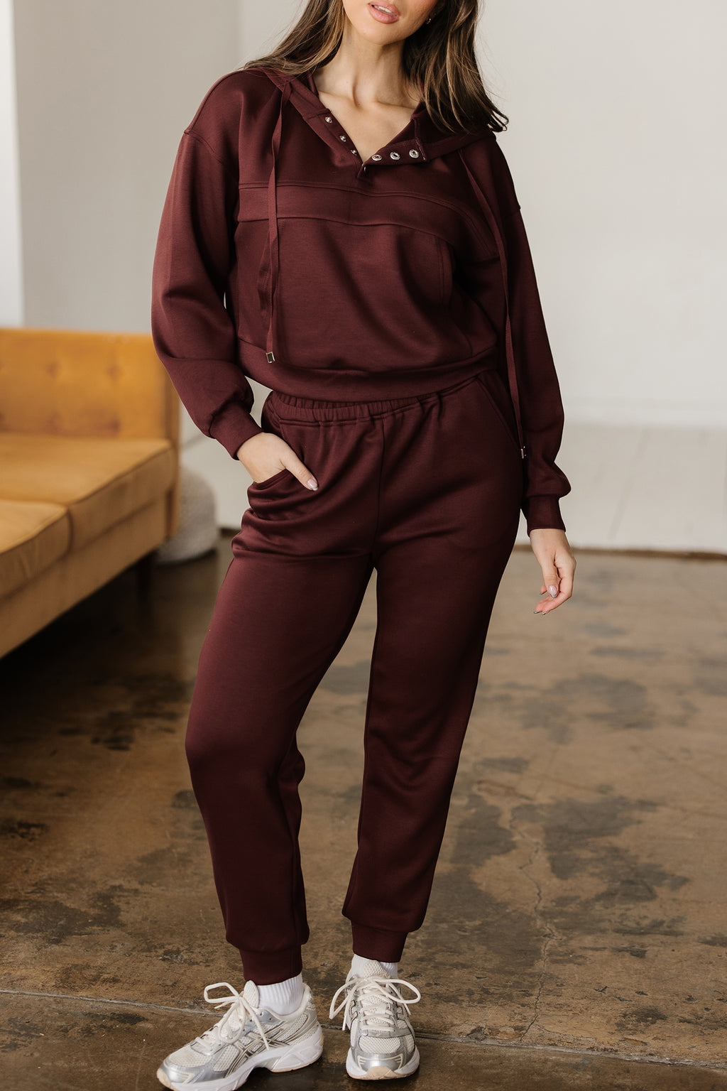 Dear-Lover chicory coffee two-piece hoodie and jogger set with button drawstring cropped hoodie and matching pants.