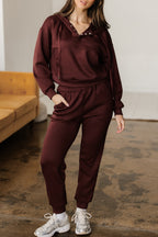Dear-Lover chicory coffee two-piece hoodie and jogger set with button drawstring cropped hoodie and matching pants.