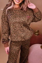 Dear-Lover coffee leopard print long sleeve top and pants set, featuring contrast trim, made of polyester, two-piece casual outfit.
