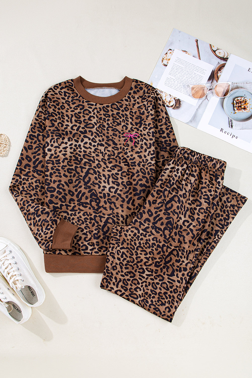 Coffee leopard print two-piece set with contrast trim, long sleeve top and matching pants from Dear-Lover Dropshipping.