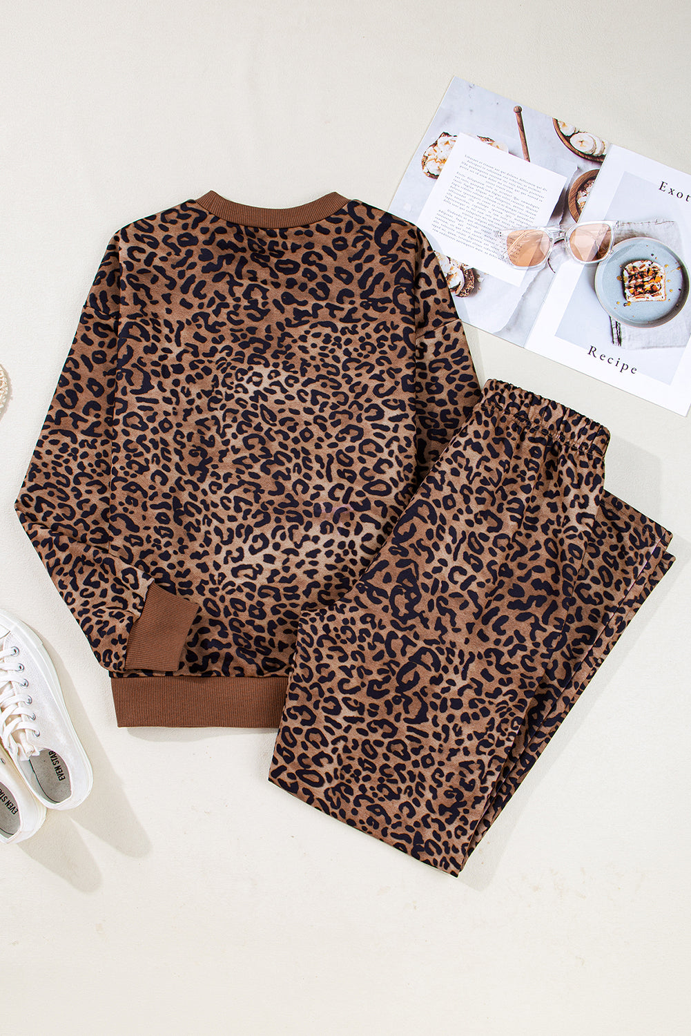 Dear-Lover coffee leopard print two-piece set with contrast trim, long sleeve top and matching pants, made of polyester.