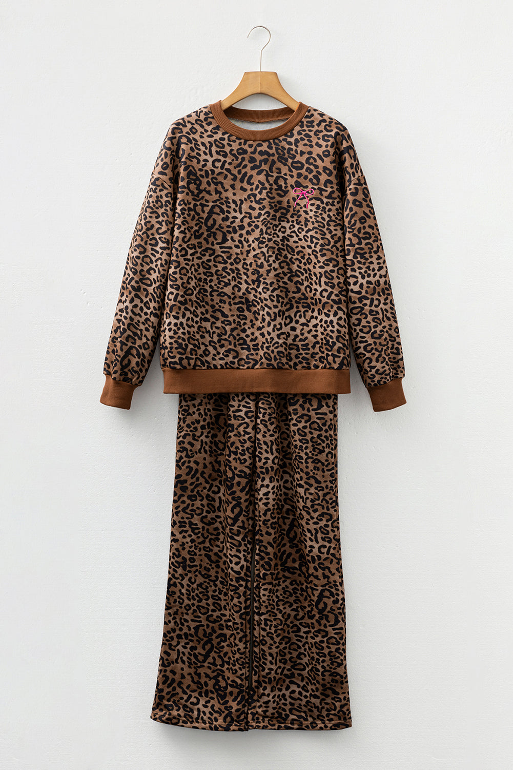 Dear-Lover coffee leopard print long sleeve top and pants set with contrast trim, made of 100% polyester, two-piece casual outfit.