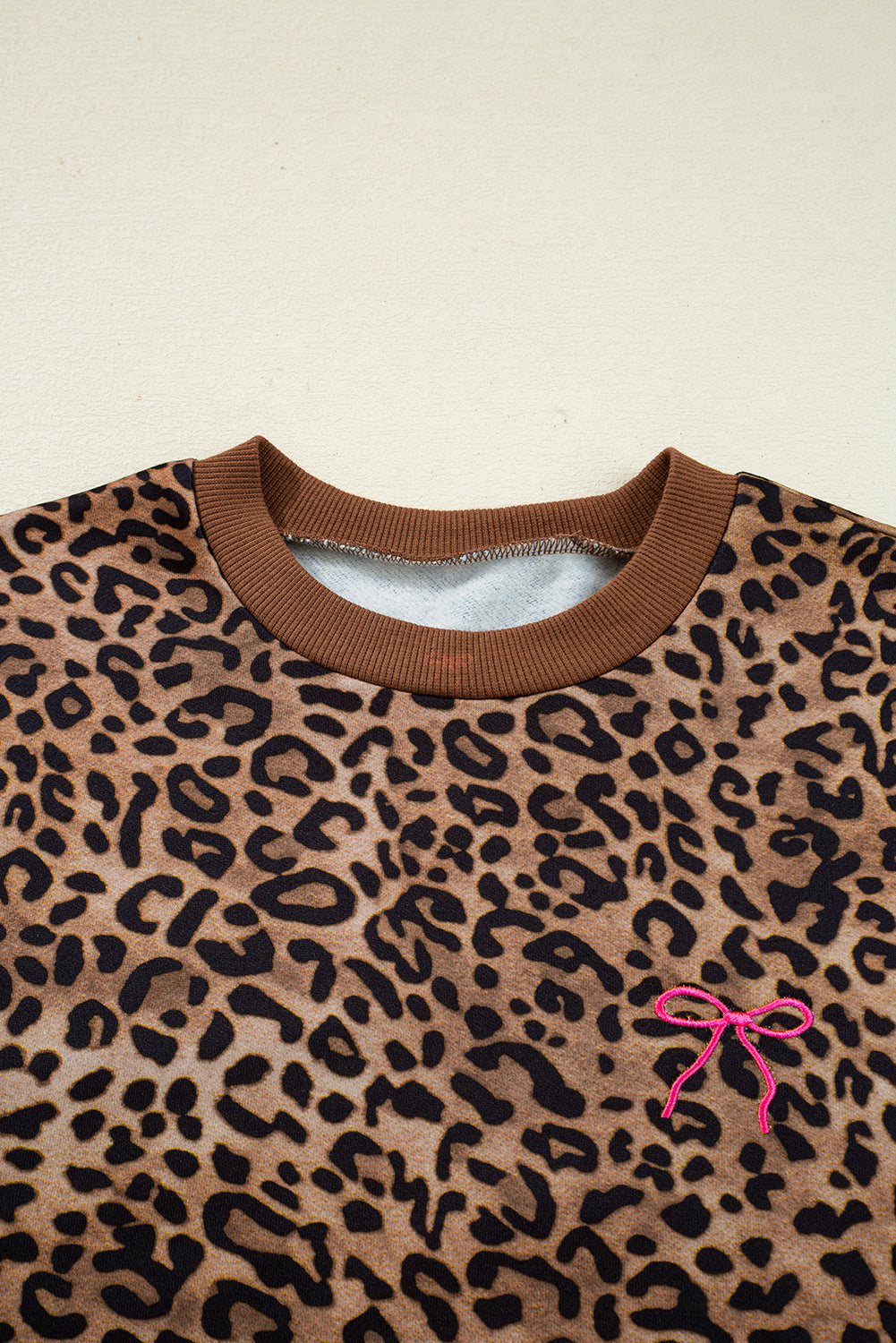Dear-Lover coffee leopard print long sleeve top and matching pants set with contrast trim, made of polyester, two-piece fashion outfit.