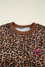 Dear-Lover coffee leopard print long sleeve top and matching pants set with contrast trim, made of polyester, two-piece fashion outfit.
