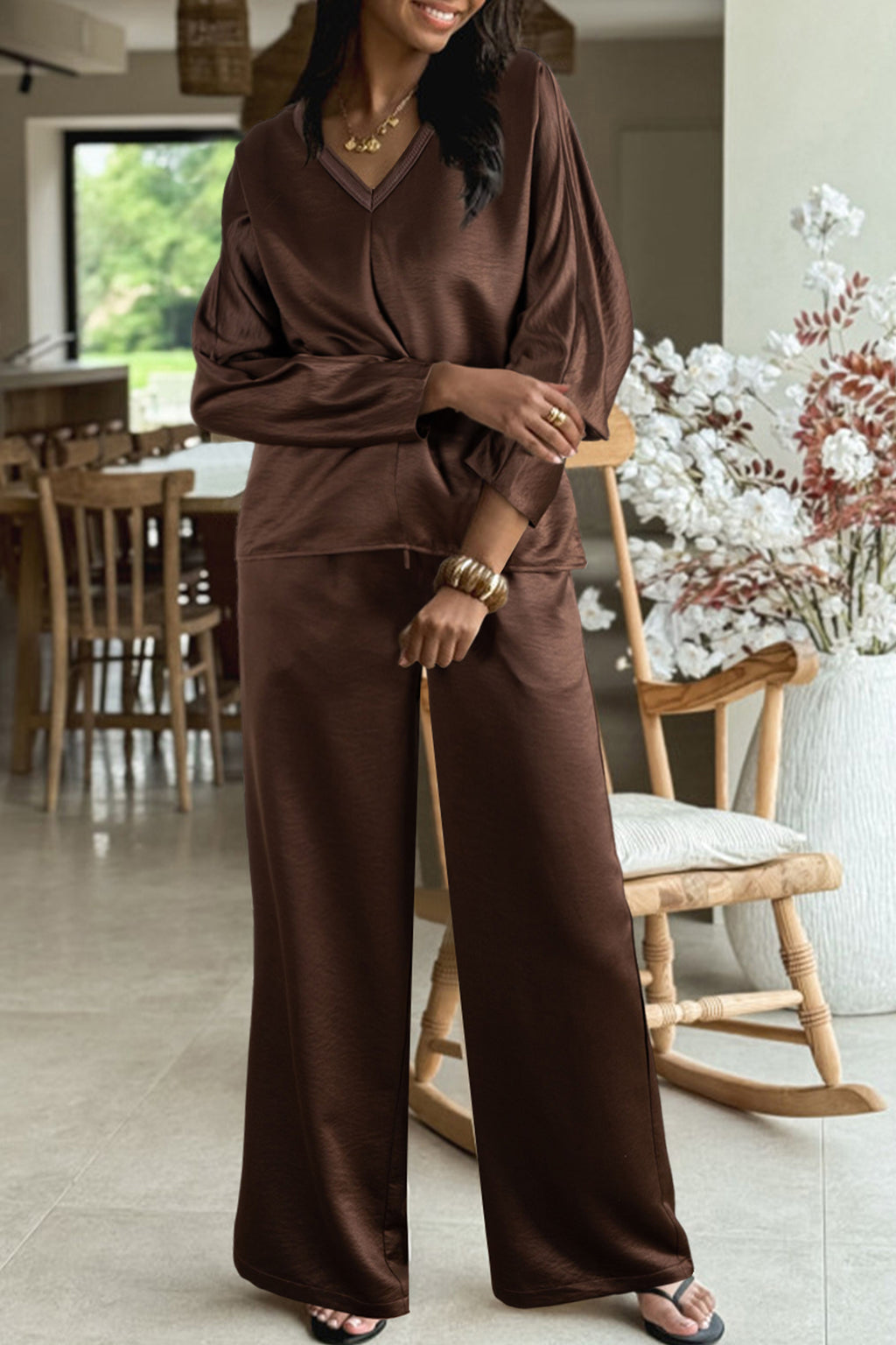Dark brown braided V-neck long sleeve loose top with matching high waist drawstring pants, part of a Dear-Lover two-piece set.