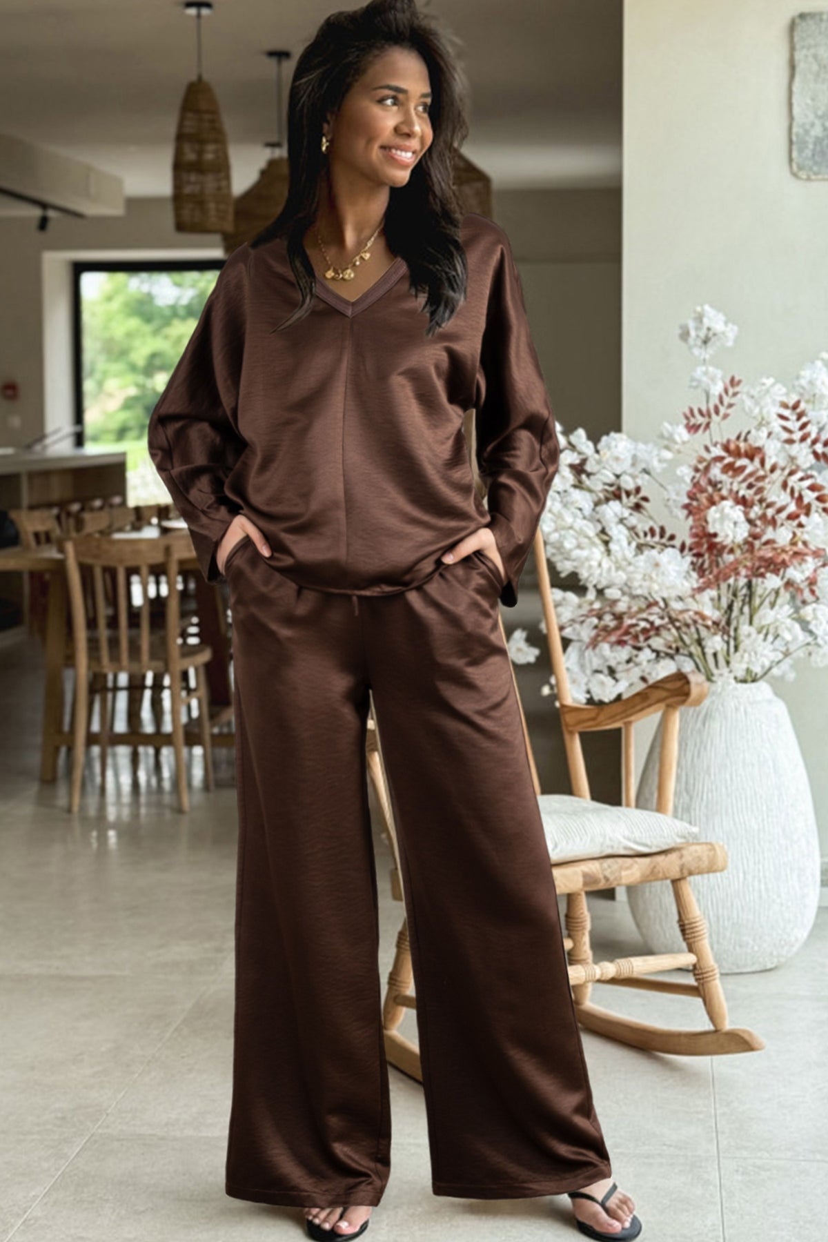 Dark brown braided V-neck long sleeve loose top with drawstring high waist pants, two-piece set by Dear-Lover Dropshipping.