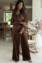 Dark brown braided V-neck long sleeve loose top with drawstring high-waist pants, two-piece set by Dear-Lover Dropshipping.