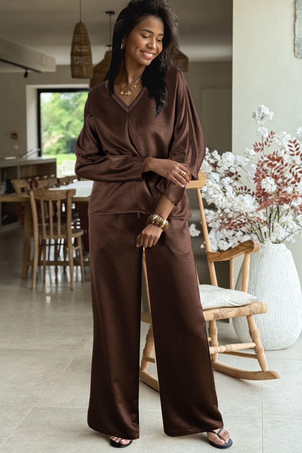 Dark brown braided V-neck long sleeve loose top with drawstring high-waist pants, two-piece set by Dear-Lover Dropshipping.