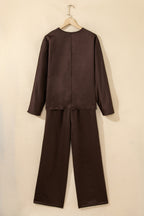 Dark brown braided V-neck long sleeve loose top with drawstring high waist pants, stylish two-piece set from Dear-Lover Dropshipping.