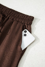 Dark brown braided V-neck long sleeve top with drawstring high waist pants, stylish two-piece set by Dear-Lover.