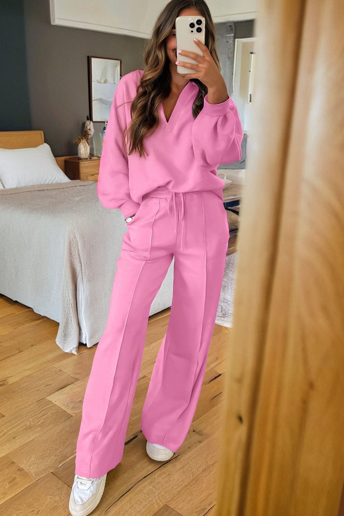 Dark khaki Dear-Lover two-piece set with polo collar V-neck pullover and drawstring sweatpants, made of polyester and cotton.