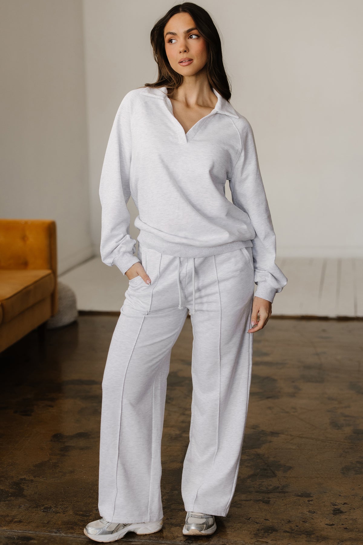 Dark khaki Dear-Lover two-piece set with polo collar V-neck pullover and drawstring sweatpants, made of polyester and cotton blend.