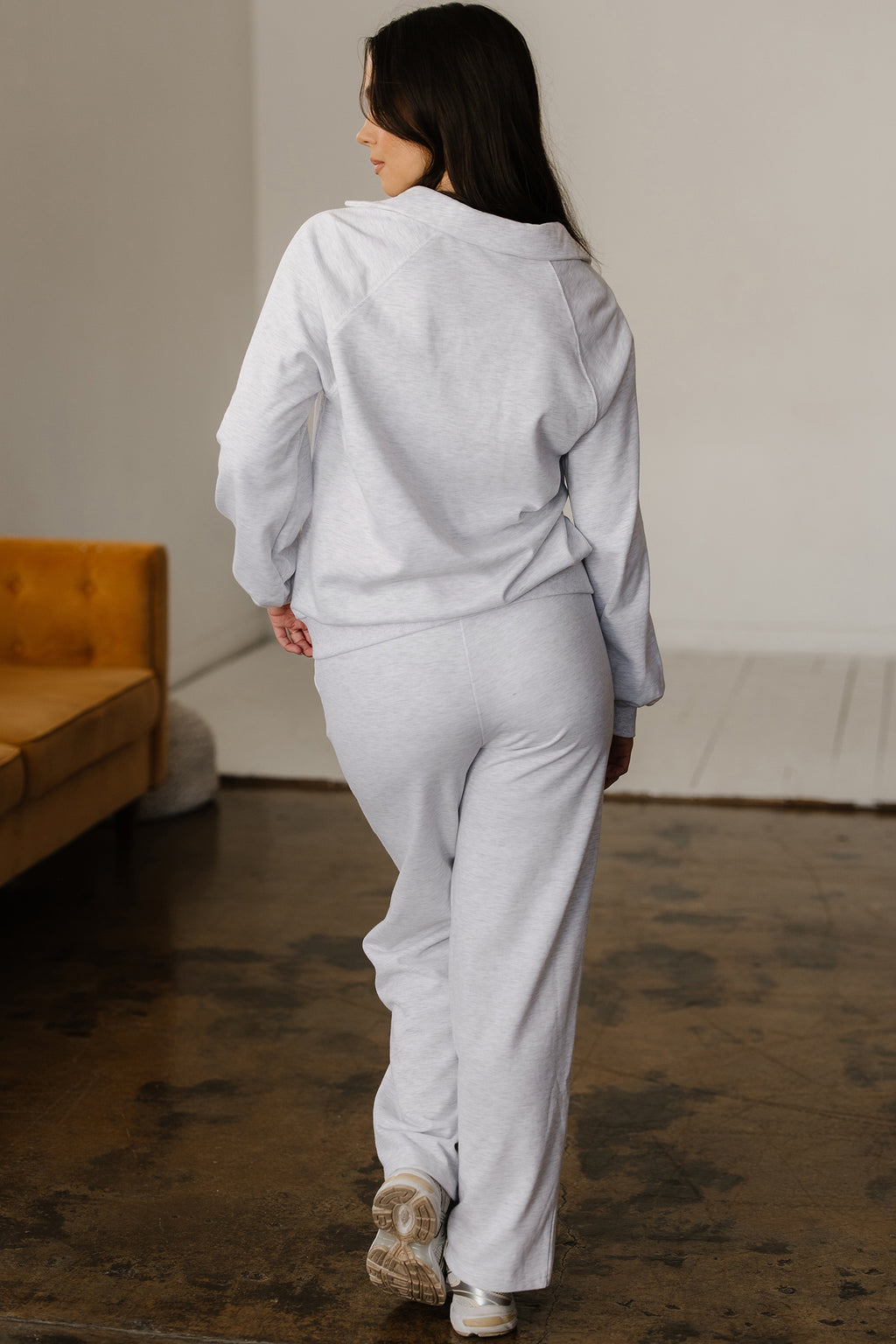 Dark khaki Dear-Lover polo collar V-neck pullover and drawstring sweatpants set, made of polyester and cotton, casual two-piece outfit.