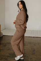 Dark khaki polo collar V-neck pullover and drawstring sweatpants set by Dear-Lover, featuring a comfortable two-piece pant set.