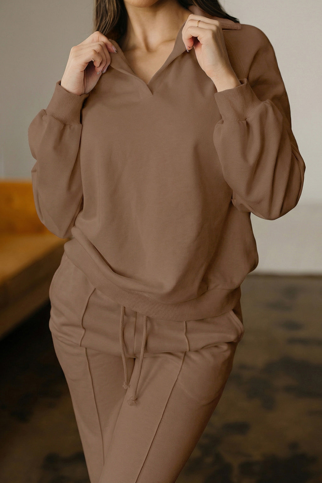 Dark khaki Dear-Lover two-piece set with polo collar V-neck pullover and drawstring sweatpants, made of polyester and cotton.