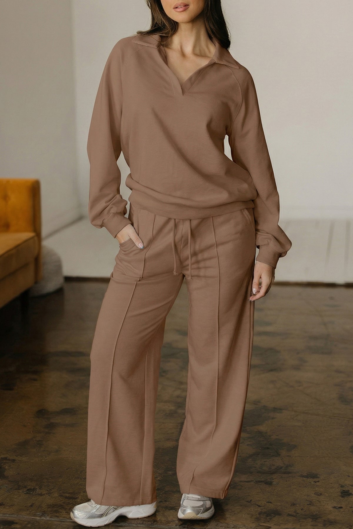 Dark khaki polo collar V-neck pullover and drawstring sweatpants set by Dear-Lover, made from polyester and cotton, two-piece casual outfit.