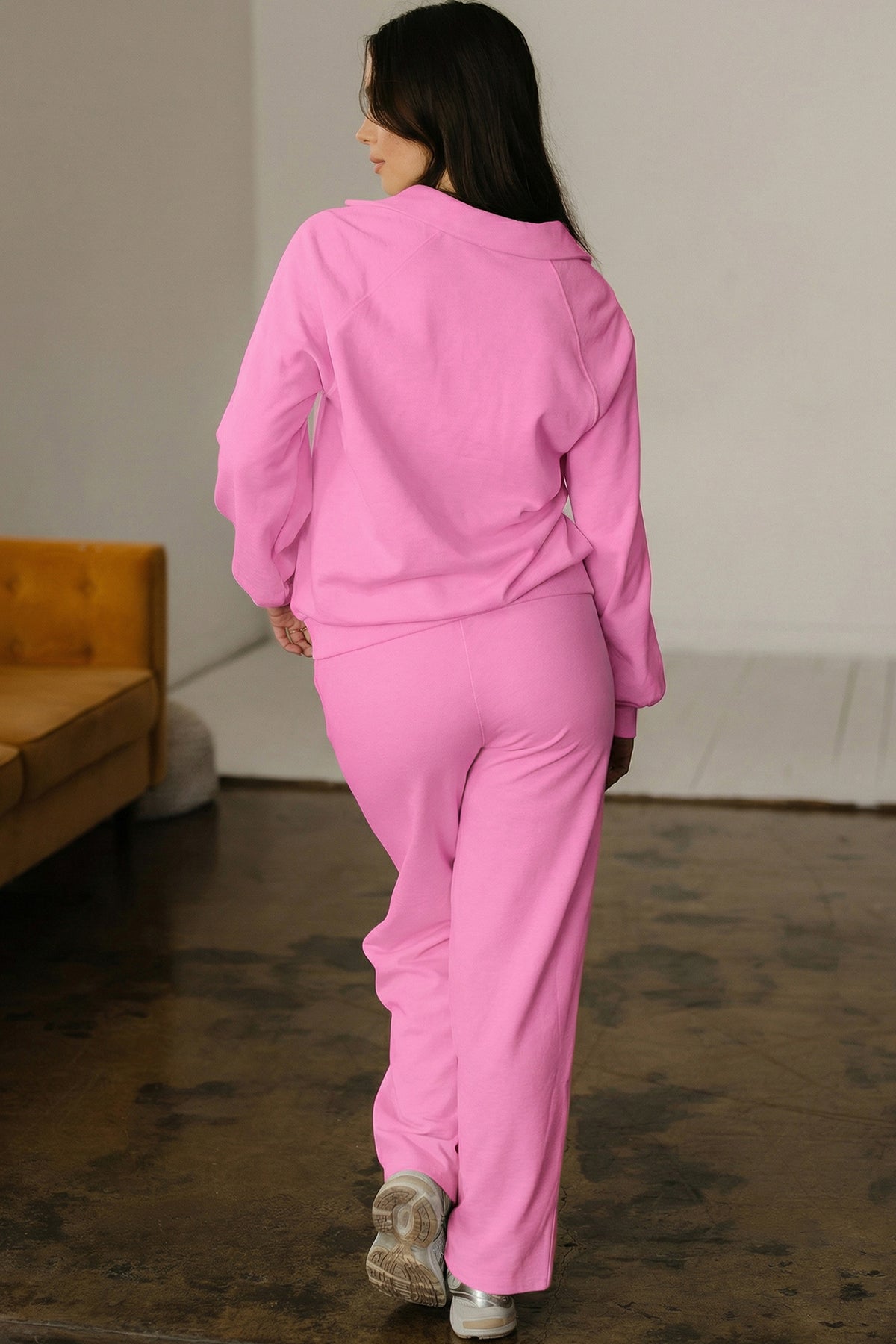 Dark khaki polo collar V-neck pullover and drawstring sweatpants set, Dear-Lover Two Piece Set, casual comfortable loungewear.