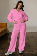 Dark khaki polo collar V-neck pullover and drawstring sweatpants set by Dear-Lover, made of polyester and cotton, two-piece casual outfit