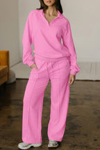 Dark khaki Dear-Lover two-piece set with polo collar V-neck pullover and drawstring sweatpants, made of polyester and cotton.