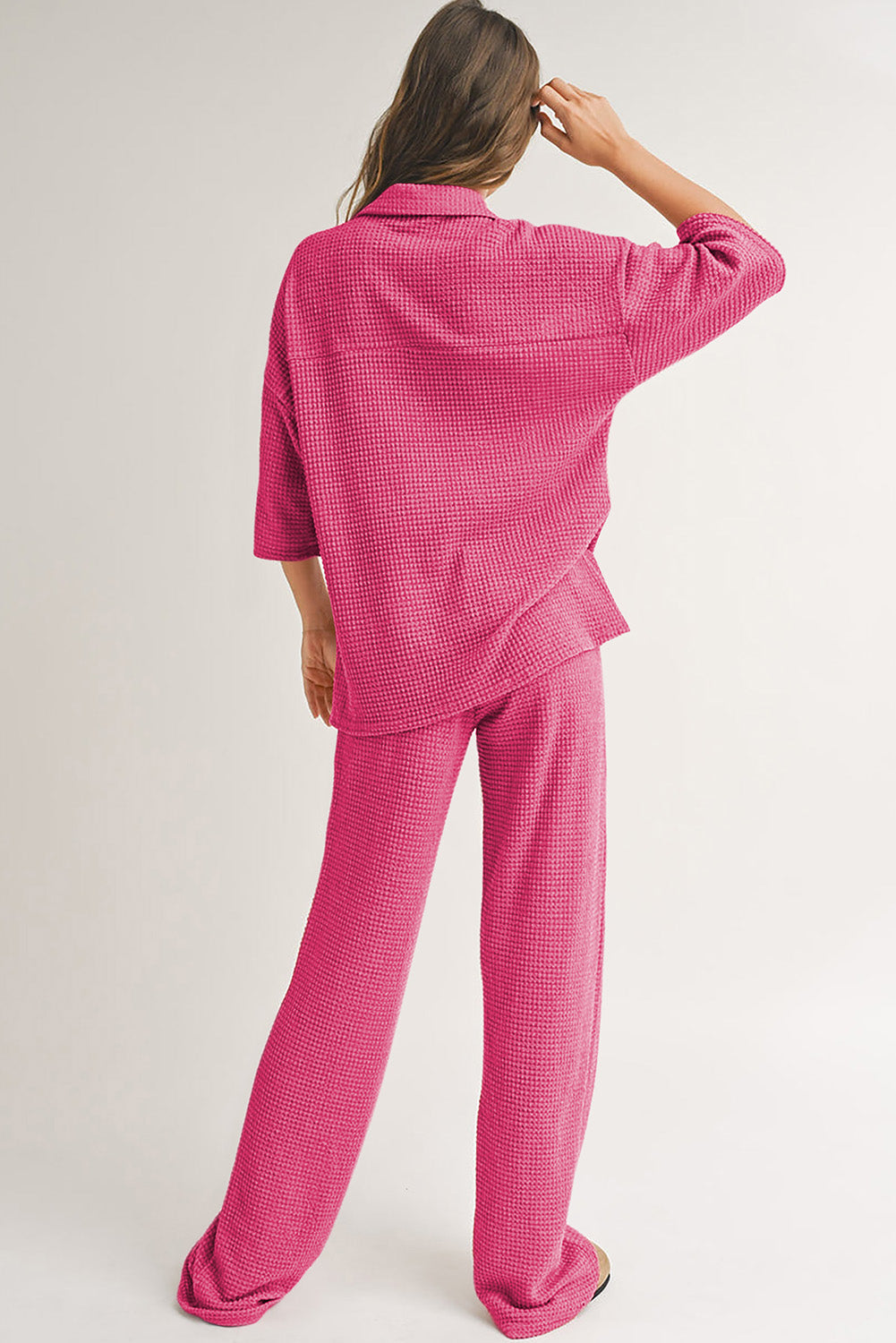 Rose red textured buttoned shirt and casual pants set from Dear-Lover, two-piece clothing ensemble for everyday wear.