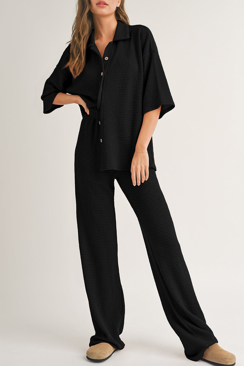 Rose red textured buttoned shirt and casual pants set by Dear-Lover, shown as a stylish two-piece outfit on a model.