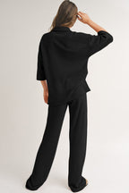 Rose red textured buttoned shirt and casual pants set by Dear-Lover, featuring a stylish two-piece outfit with a textured design.