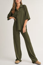 Rose red textured buttoned shirt with casual pants set by Dear-Lover, two-piece clothing ensemble for stylish everyday wear.