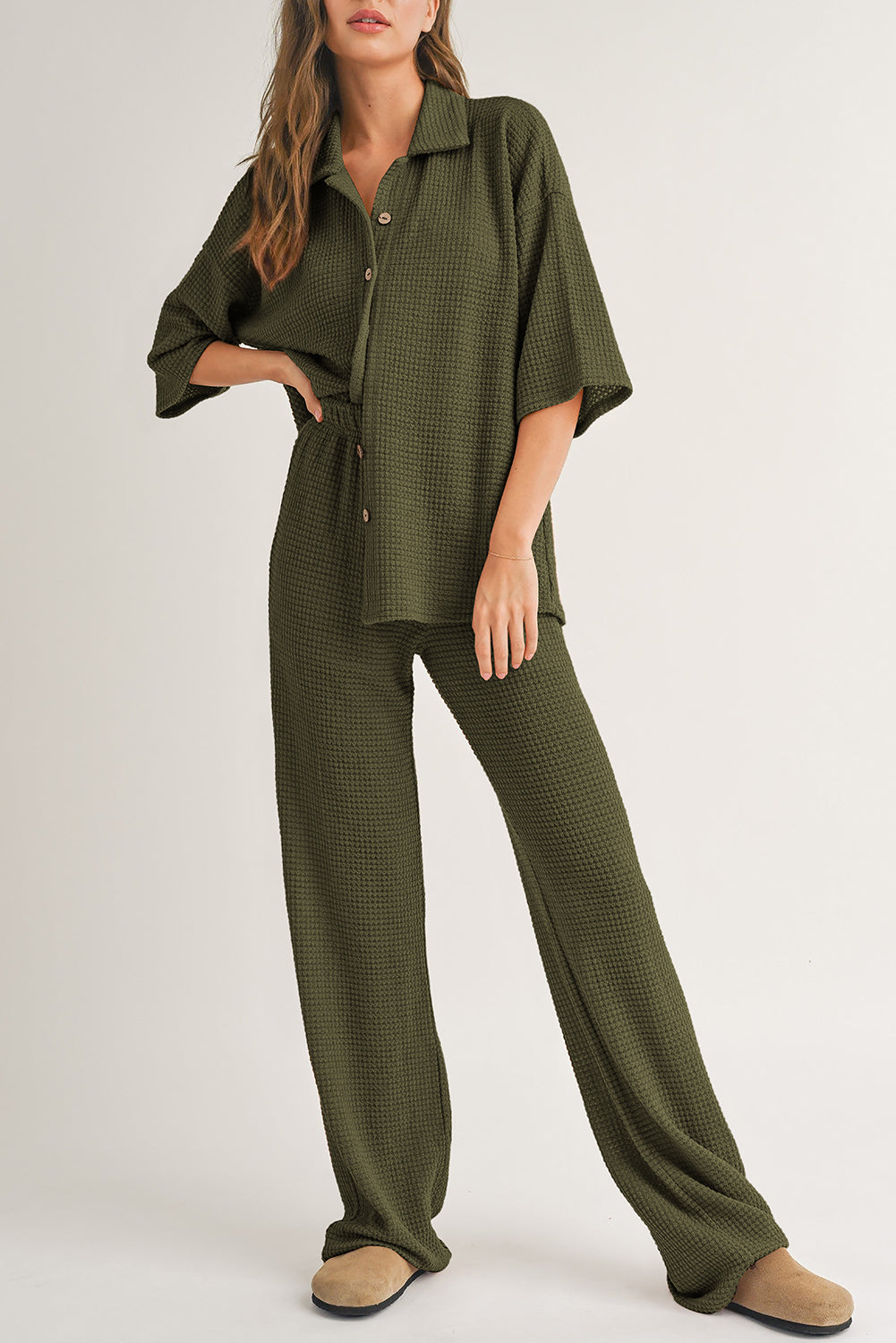 Rose red textured buttoned shirt with casual pants set by Dear-Lover, two-piece clothing ensemble for stylish everyday wear.