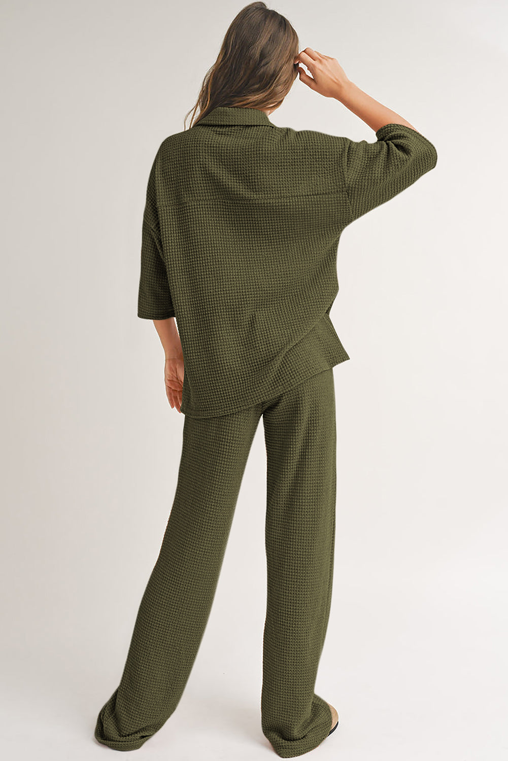 Rose red textured buttoned shirt and casual pants set by Dear-Lover, two-piece outfit with a comfortable, stylish design.