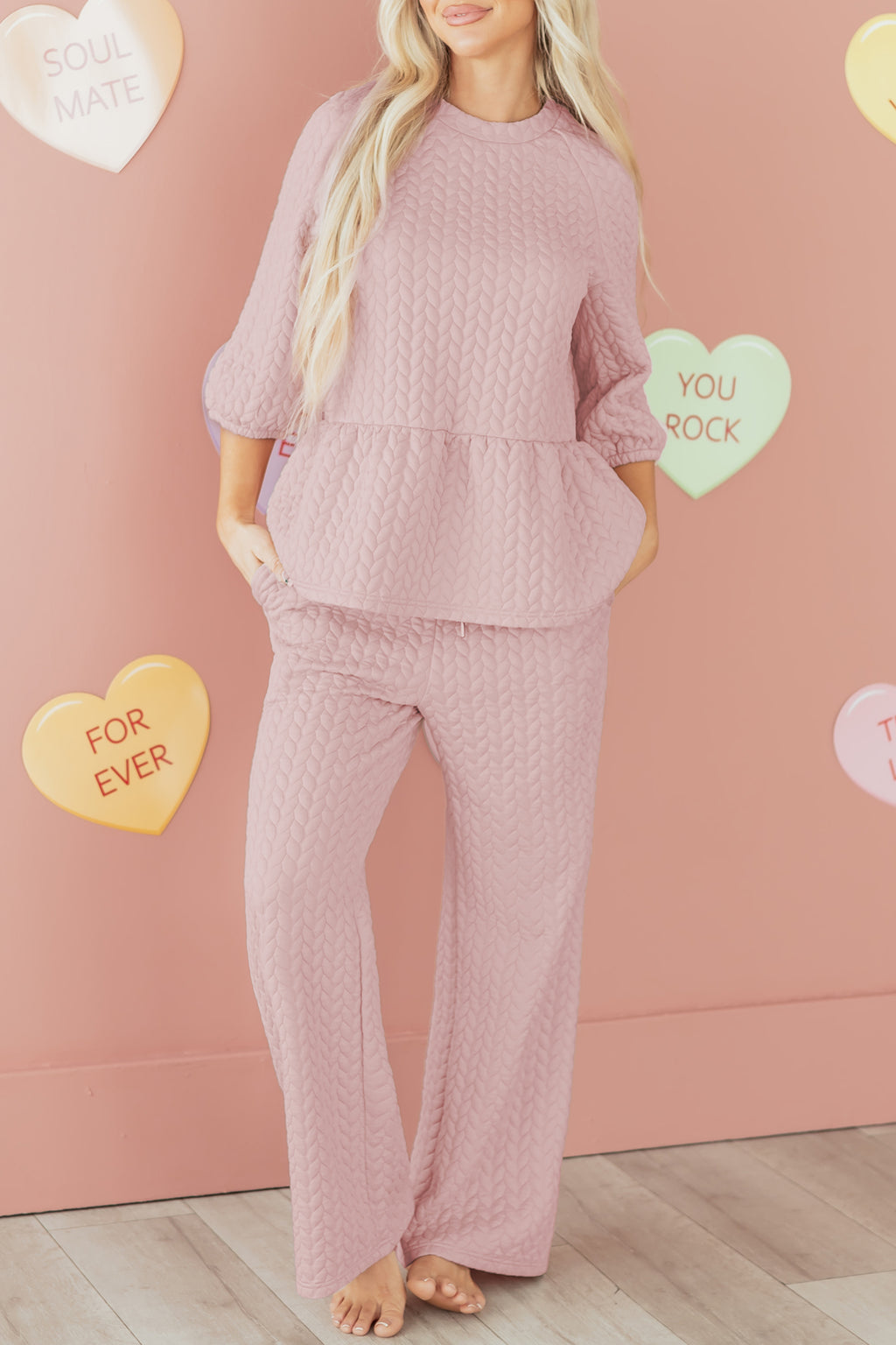 Delicately braided texture ruffle hem top with drawstring loose pants, Dear-Lover two-piece set in polyester and elastane.