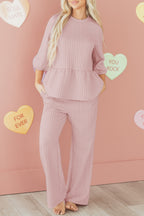 Delicately braided texture ruffle hem top with drawstring loose pants, Dear-Lover two-piece set in polyester and elastane.