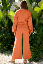 Dear-Lover drop shoulder puff sleeve crop pullover and wide-leg drawstring pants set, featuring flamingo print on polyester-cotton fabric.