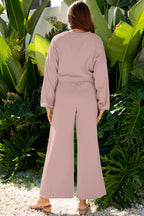 Dear-Lover two-piece set with drop shoulder puff sleeve crop pullover and wide-leg drawstring pants, featuring a flamingo print.