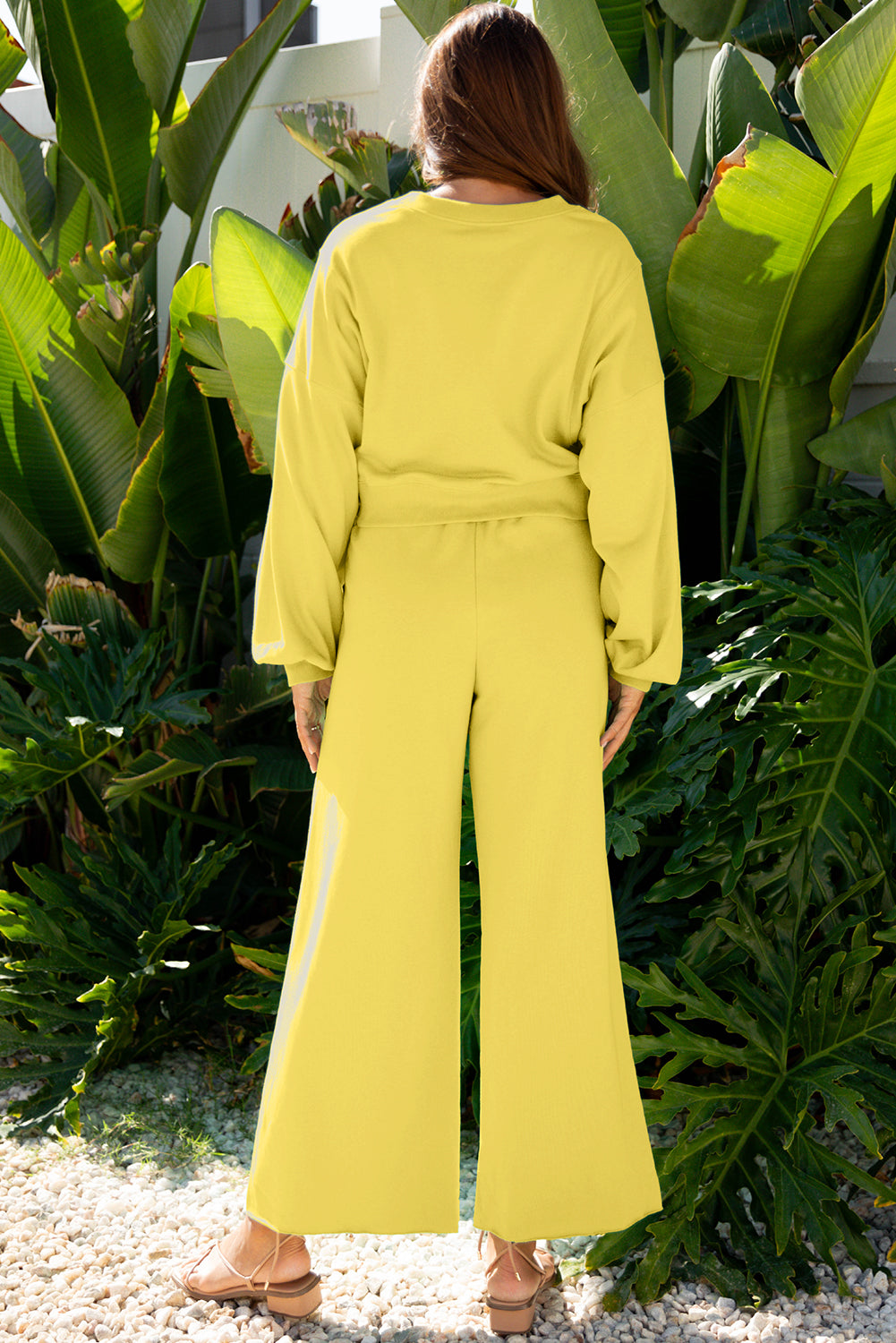 Dear-Lover two-piece set with drop shoulder puff sleeve crop pullover and drawstring wide-leg pants, in flamingo pink polyester-cotton fabric.