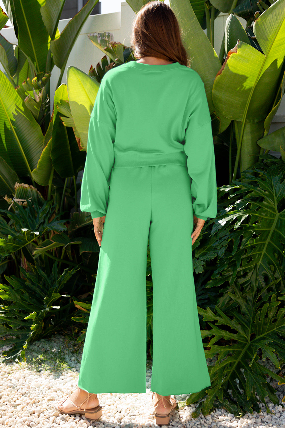Dear-Lover drop shoulder puff sleeve crop pullover and wide-leg drawstring pants set, stylish two-piece fashion ensemble.