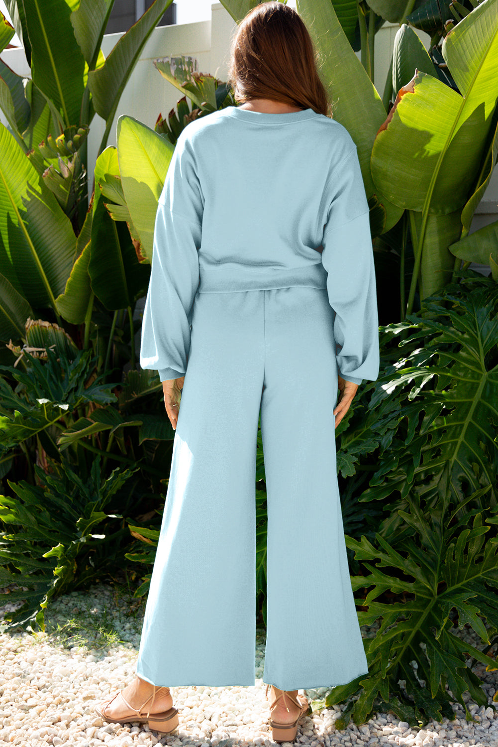 Dear-Lover two-piece set with drop shoulder puff sleeve crop pullover and wide-leg drawstring pants, flamingo print, polyester cotton blend.