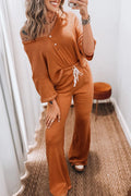 Grapefruit orange two-piece set featuring a contrast stitching buttoned V-neck half-sleeve top and drawstring flare pants by Dear-Lover