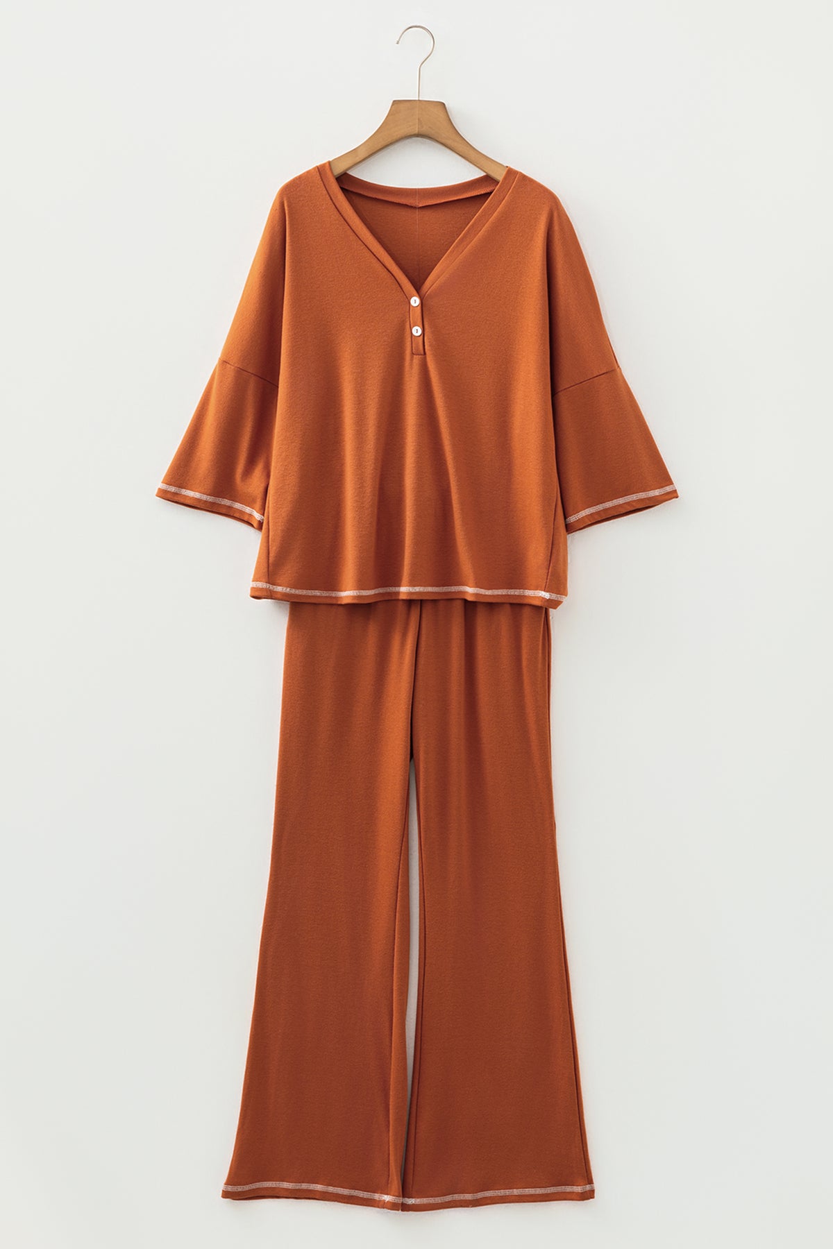 Dear-Lover contrast stitching buttoned V-neck half sleeve top with drawstring flare pants set, in grapefruit orange color.