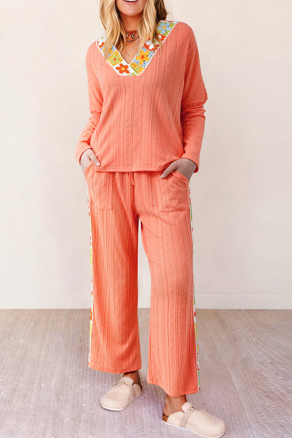 Grapefruit orange crochet floral accent V-neck textured two-piece pants set by Dear-Lover, with floral details and comfortable fit.